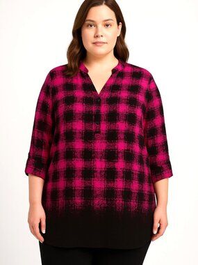 Catherine's Pink Black Plaid Long Roll Tab Sleeve Popover Blouse Womens 3X EUC
